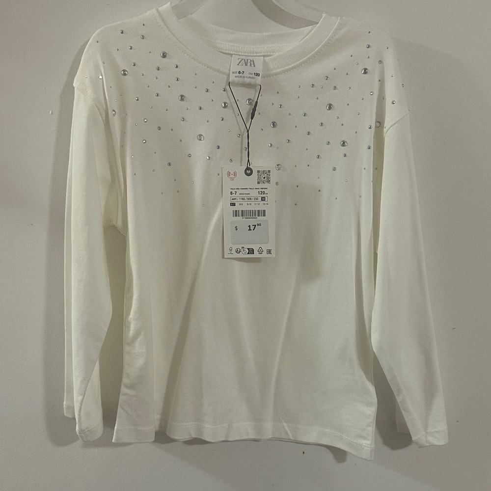 Zara Kids Cream Long Sleeve Tee with Silver Accents